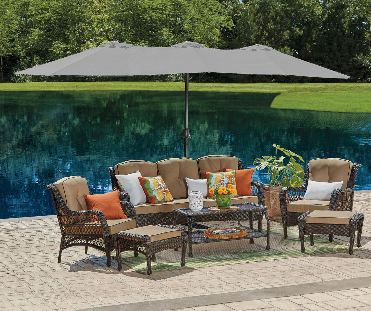 15 Gray Triple Vent Market Patio Umbrella with Base