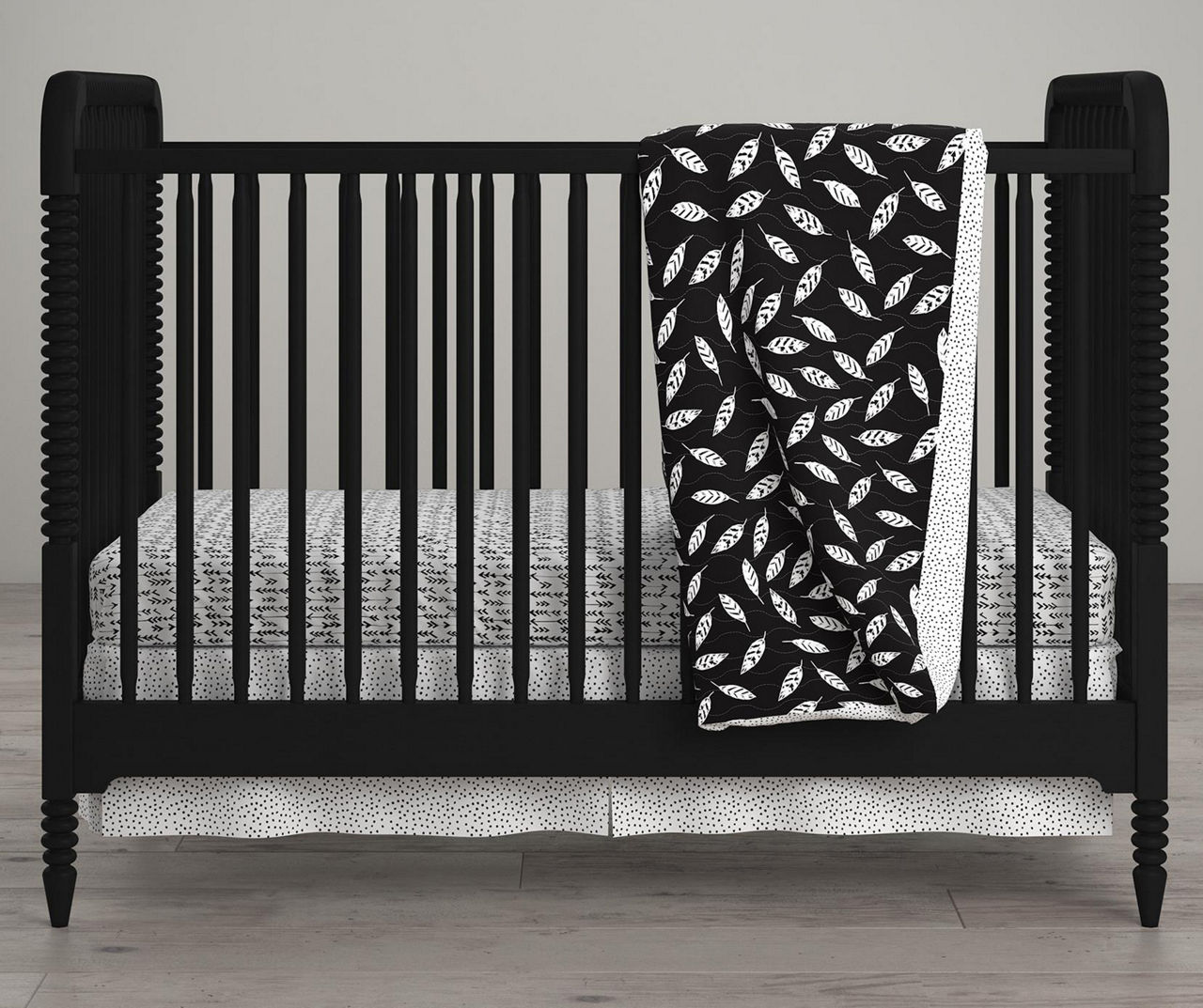 Feathers Black White Crib Toddler 4 Piece Bedding Set