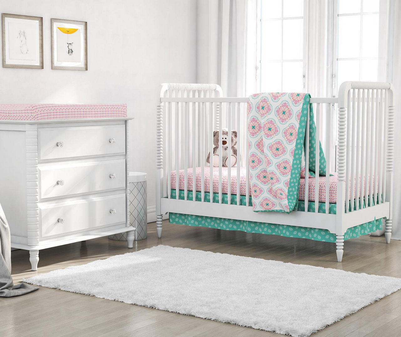 Cora Pink White Flower Crib Toddler 4 Piece Bedding Set