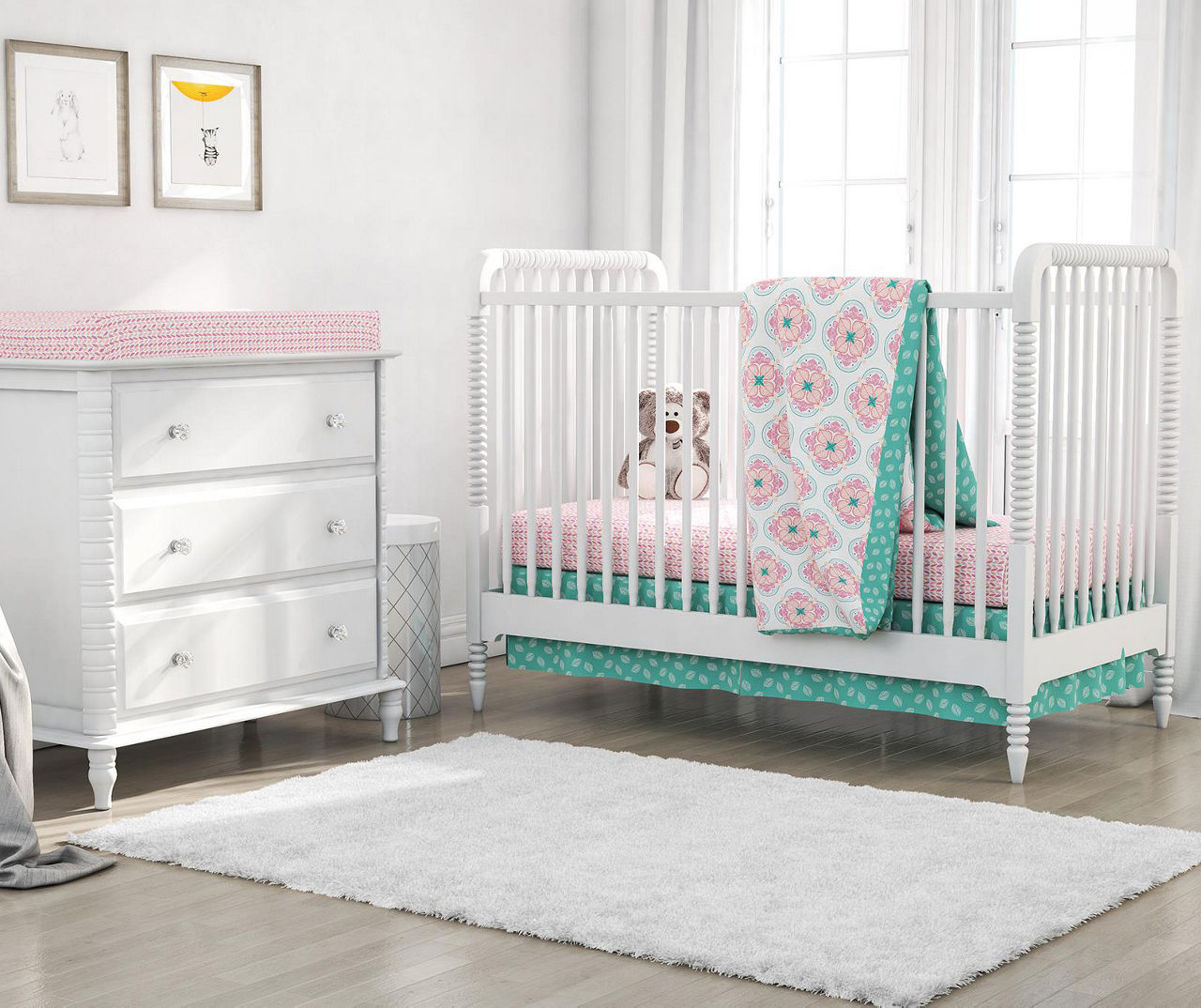Cora Pink & White Flower Crib & Toddler 4-Piece Bedding Set