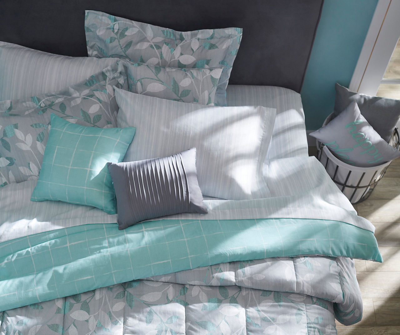 Brianna Gray & Aqua Floral Queen 12-Piece Comforter Set | Big Lots