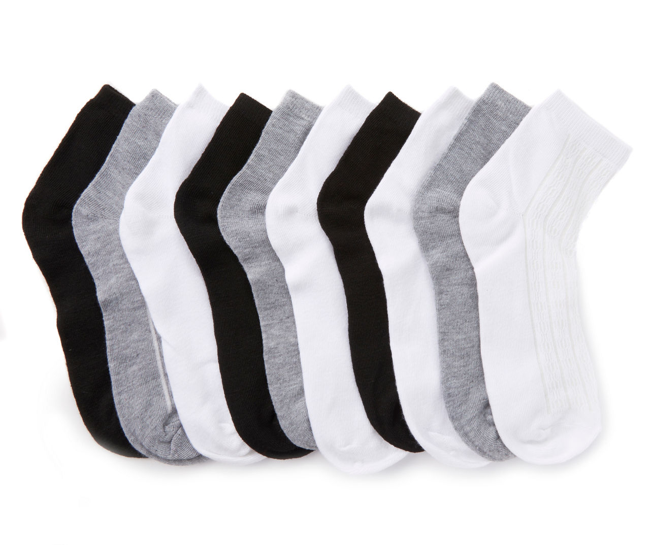 Ladies Gray, Black and White Rib Mid-Ankle Socks, 10-Pack