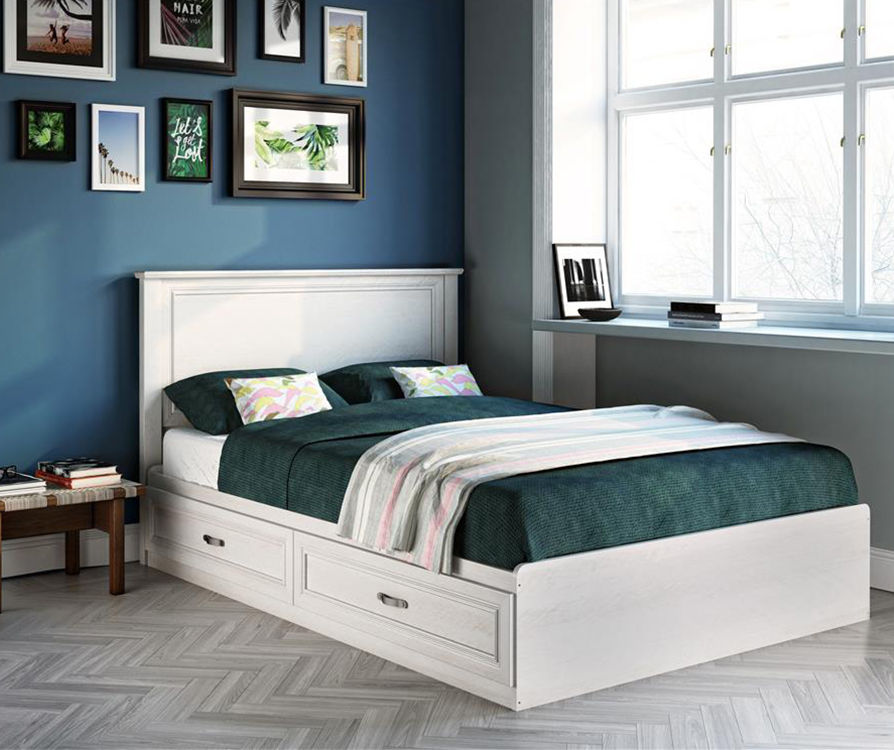 White full bed frame deals with drawers