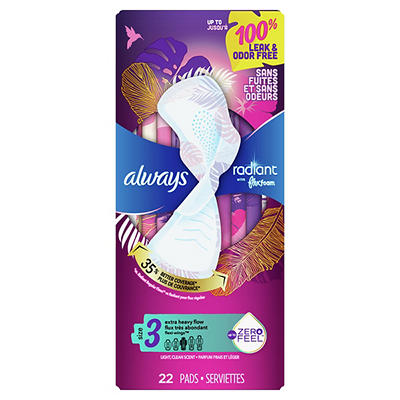 Always Radiant FlexFoam Pads for Women Size 3, Extra Heavy Flow Absorbency, 100% Leak & Odor Free Protection is possible, with Wings, Scented, 22 Count