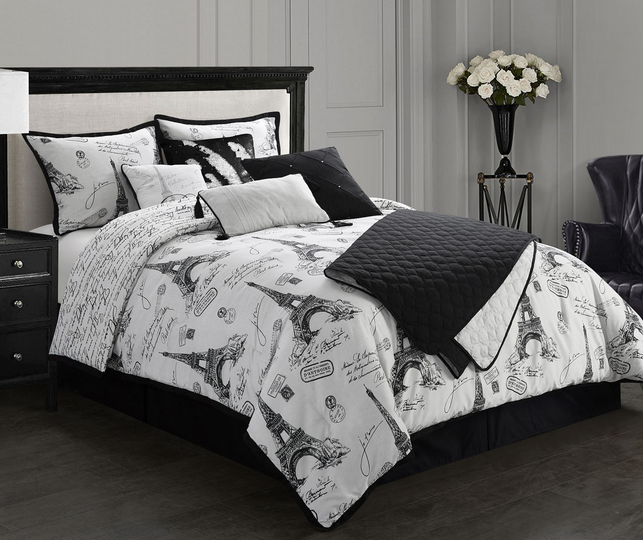 Black & White Paris Queen 9-Piece Comforter Set