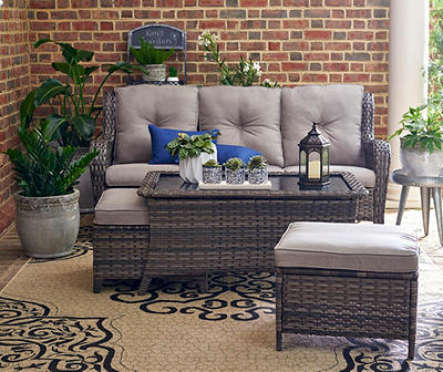 Oakmont Gray Cushioned Sofa & Ottomans All-Weather Wicker Set