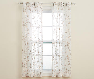 Cassandra Linen Leaf Embroidered Sheer Curtain Panel Pair, (63
