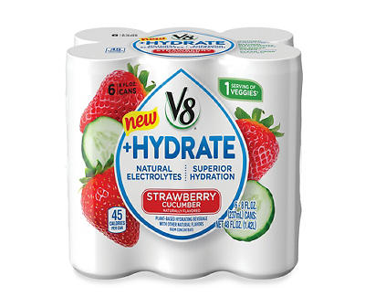 V8 +Hydrate Plant-Based Hydrating Beverage, Strawberry Cucumber, 8 oz. Can (Pack of 6)