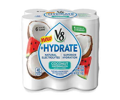 V8 +Hydrate Plant-Based Hydrating Beverage, Coconut Watermelon, 8 oz. Can (Pack of 6)
