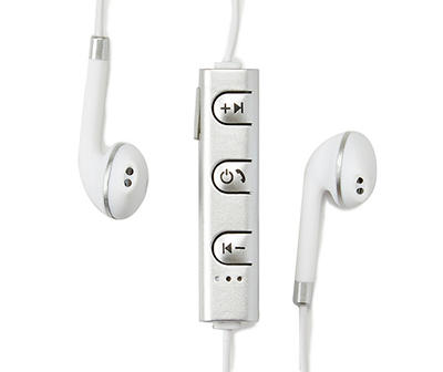 White & Silver Bluetooth Rechargeable Stereo Earbuds with In-Line Mic