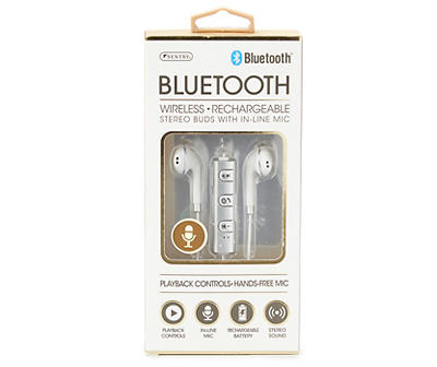 White & Silver Bluetooth Rechargeable Stereo Earbuds with In-Line Mic