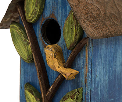 Blue Distressed Bird & Leaf Birdhouse