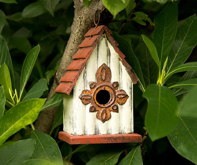 White & Red Distressed Wood & Metal Birdhouse