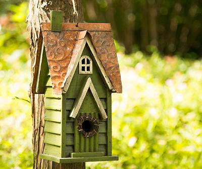 Green Wreath Wood & Metal Birdhouse