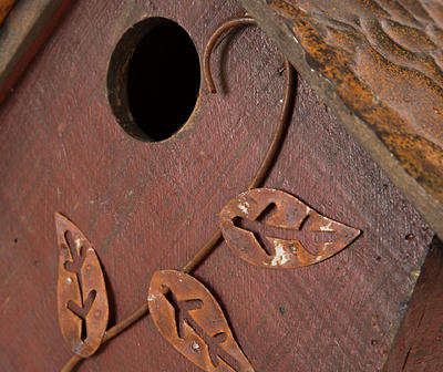12.91"H Distressed Solid Wood Birdhouse w/Bird Bath