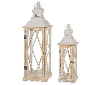Whitewash Wood Frame & Metal 2-Piece Candle Lantern Set