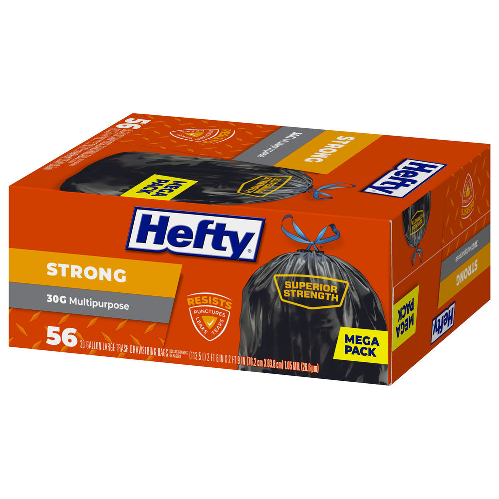 Hefty Drawstring Extra Strong Trash Bags, 30 Gallon - 56 count