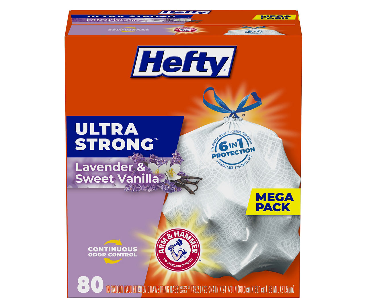 Hefty Ultra Strong Tall Kitchen Bags, Drawstring, Lavender & Sweet Vanilla, 13 Gallon, Mega Pack - 80 kitchen bags