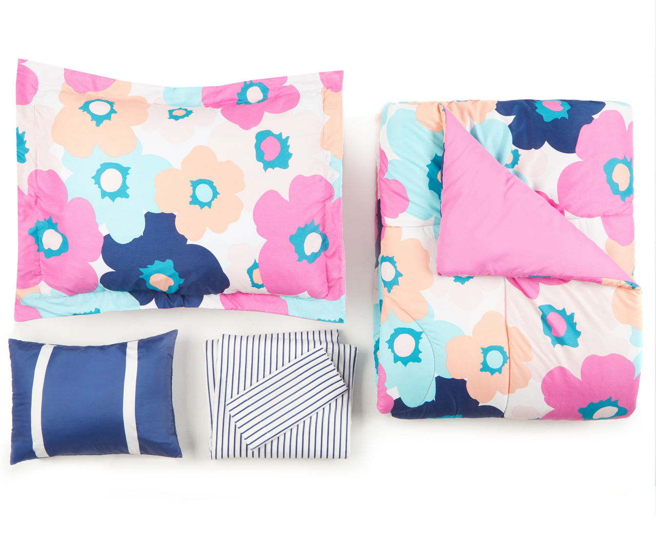 Navy & Pink Floral Twin Reversible Comforter Set, 6-Piece 