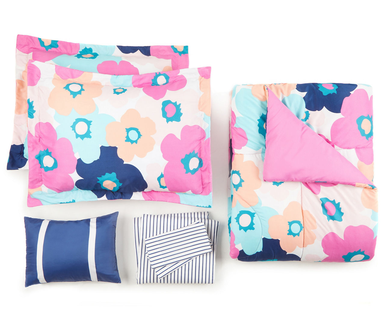 Navy & Pink Floral Full Reversible Comforter Set, 8-Piece 