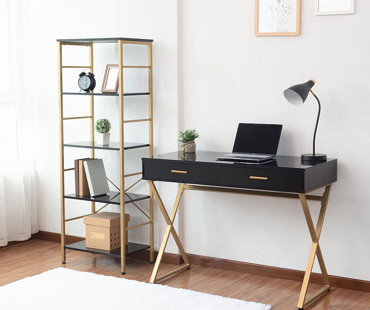 Dark Wood & Gold Double Drawer Desk