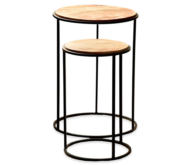 Mango Wood & Metal Round Nested 2-Piece Accent Table Set