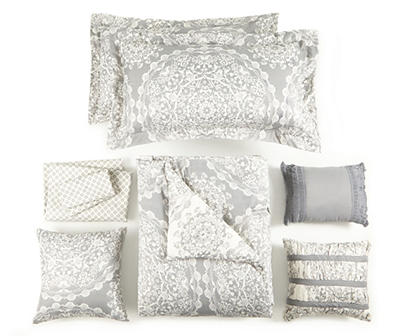 Gray & White Medallion 10-Piece Reversible Comforter Sets