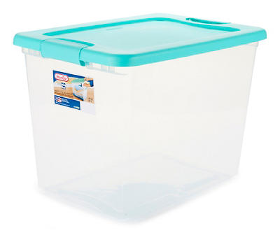 Clear Latching Tote with Aqua Lid and Latches, 25 Qt.