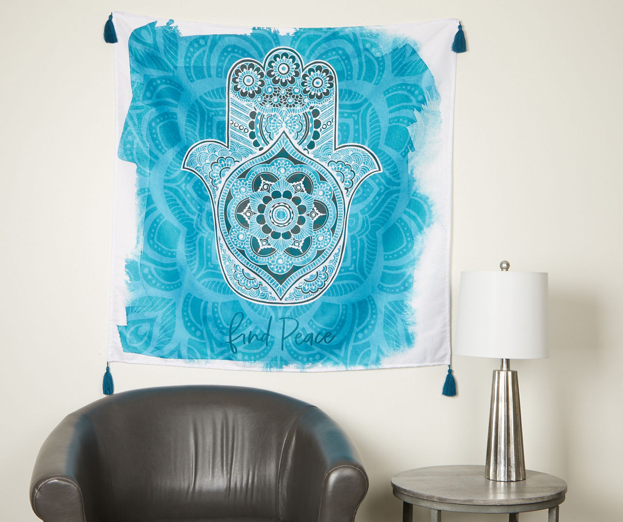 Find Peace Blue Hamsa Wall Tapestry 40