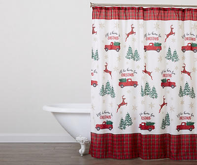 Red Truck Christmas Tree Fir Branches Shower Curtain Sets Bathroom Decor & Hooks 