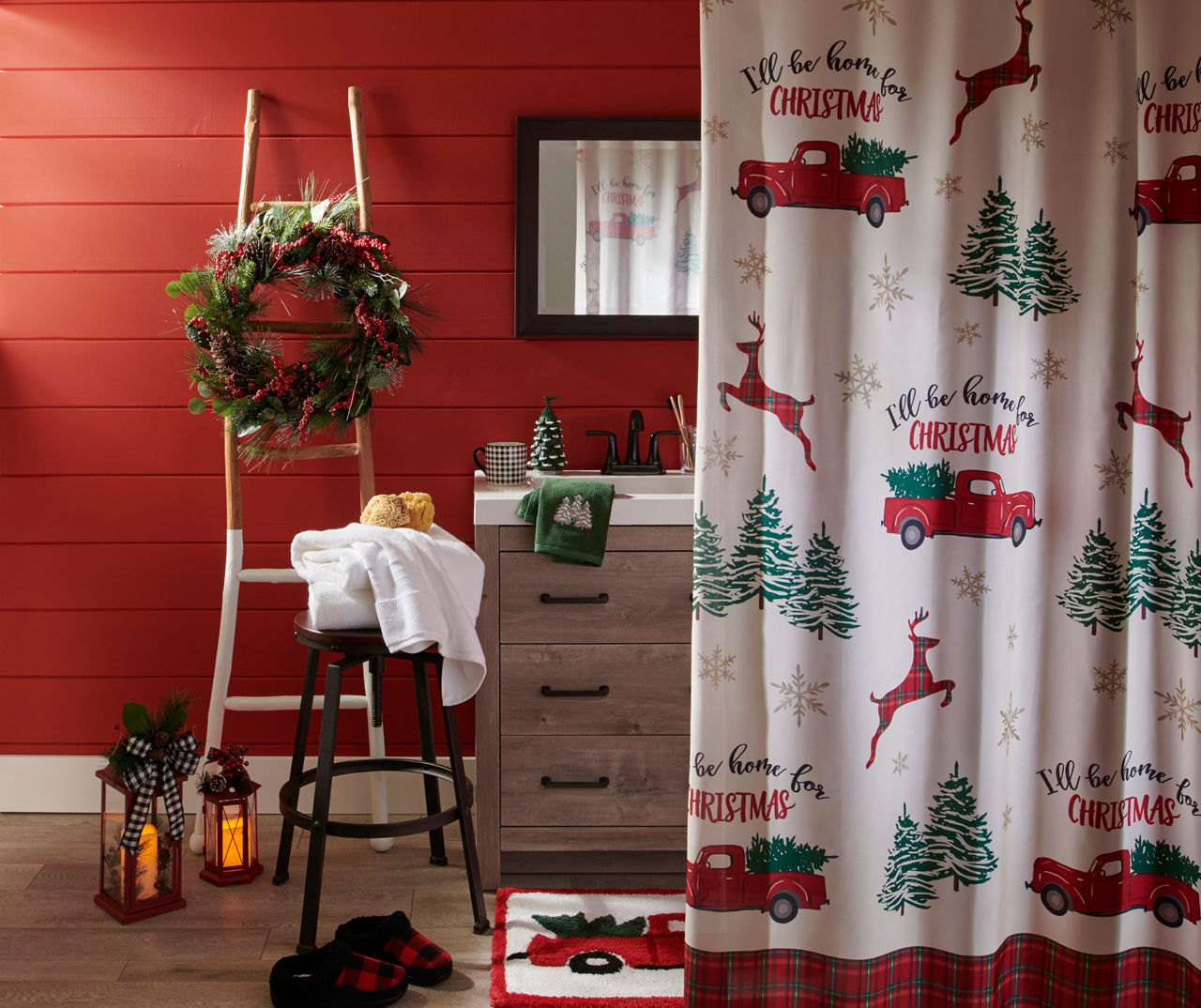 Red Truck Christmas Shower Curtain Set: Waterproof Curtains with Hooks