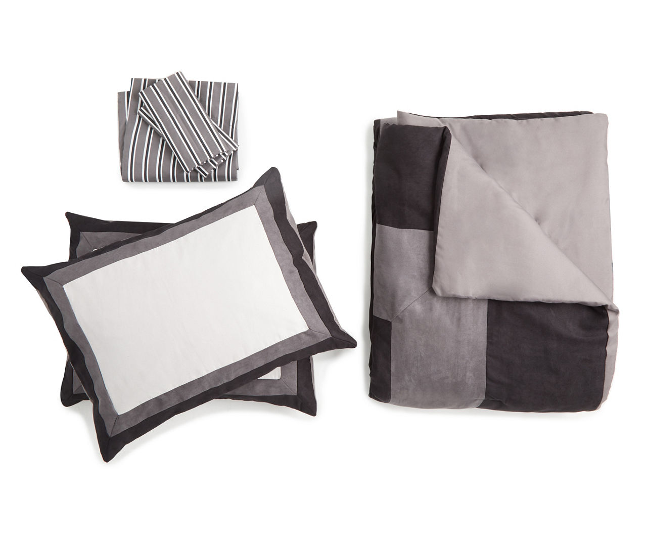 Black & Gray Color Block Hotel Queen 7-Piece Microsuede Comforter Set