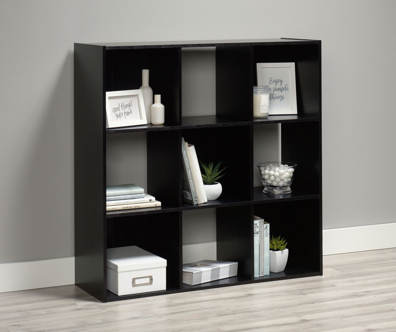 Black wooden store cube storage