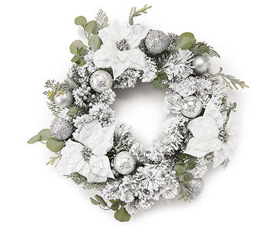 24" Silver & White Poinsettia Wreath