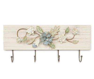 Metal Flowers on Whitewashed Wood 4-Hook Wall Plaque