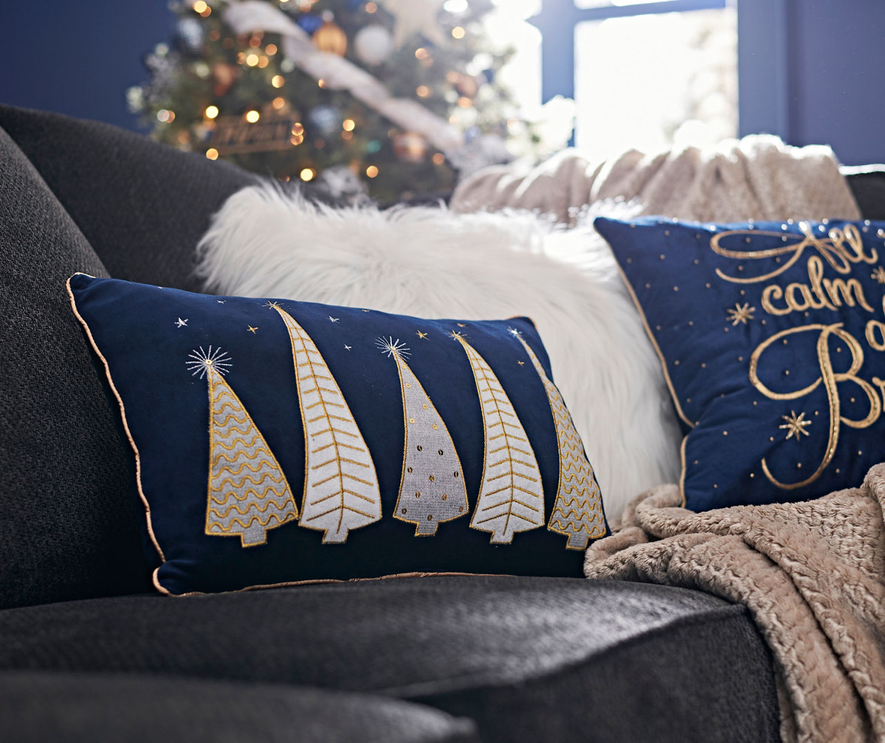 Blue Gold Christmas Tree Throw Pillow