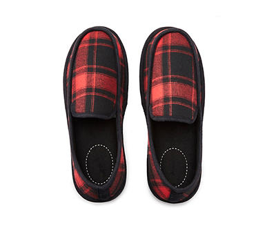 Men's Black & Red Plaid Moccasin Slippers