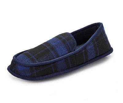 Men's Black & Blue Plaid Moccasin Slippers