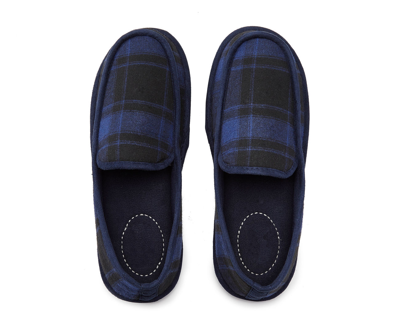 Men's Black & Blue Plaid Moccasin Slippers, Size M