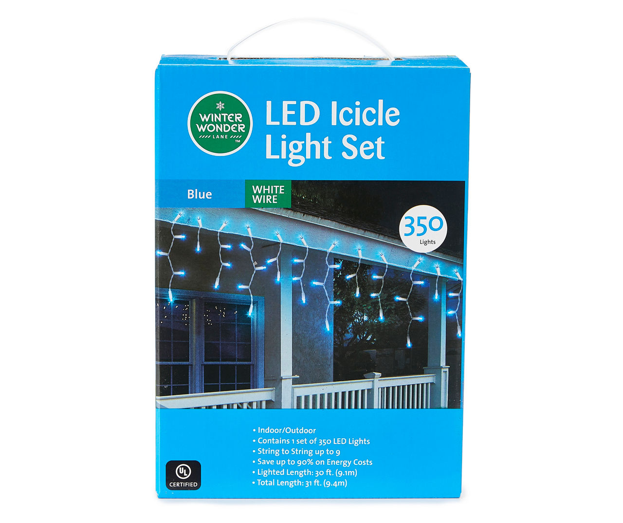 Winter Wonder Lane Blue LED Icicle Light Set on White Wire, 350Lights