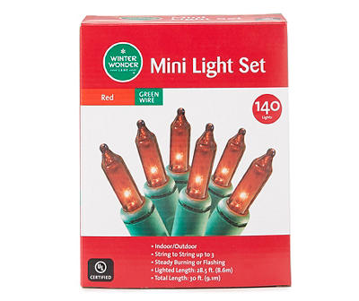 140 Red Mini Lights Light Set with Green Wire for Christmas Valentines Party 