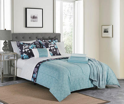 Aqua Floral Queen 14-Piece Reversible Comforter Set