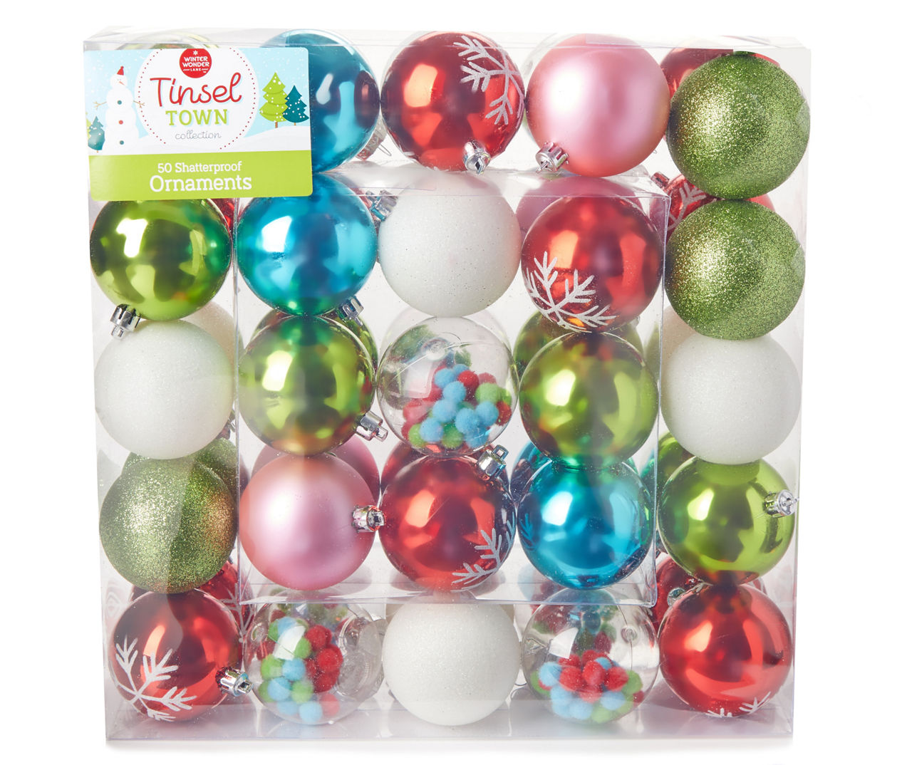 Winter Wonder Lane Green, Red, Blue & Pink Tinsel Town 50-Piece  Shatterproof Ornament Set