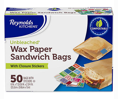 Reynolds Kitchens Unbleached Wax Paper Sandwich Bags with Closure Stickers 50 ct Box