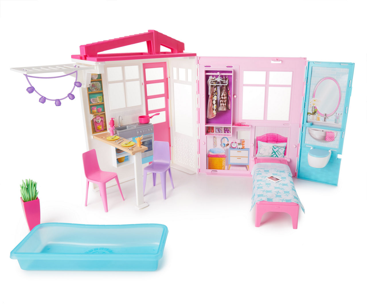 Barbie Portable 1-Story Toy Play Set Dollhouse with Doll, Pool, & Furniture