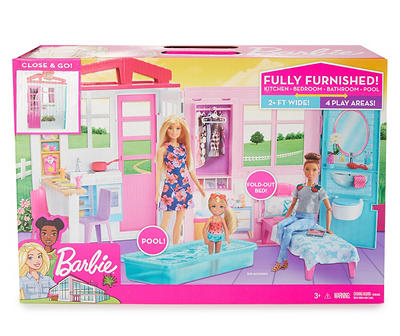 Barbie Fully Furnished House Portable 1-Story Playset Pool Doll Accessories 
