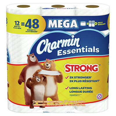Charmin Essentials Strong Toilet Paper 12 Mega Rolls, 451 sheets per roll