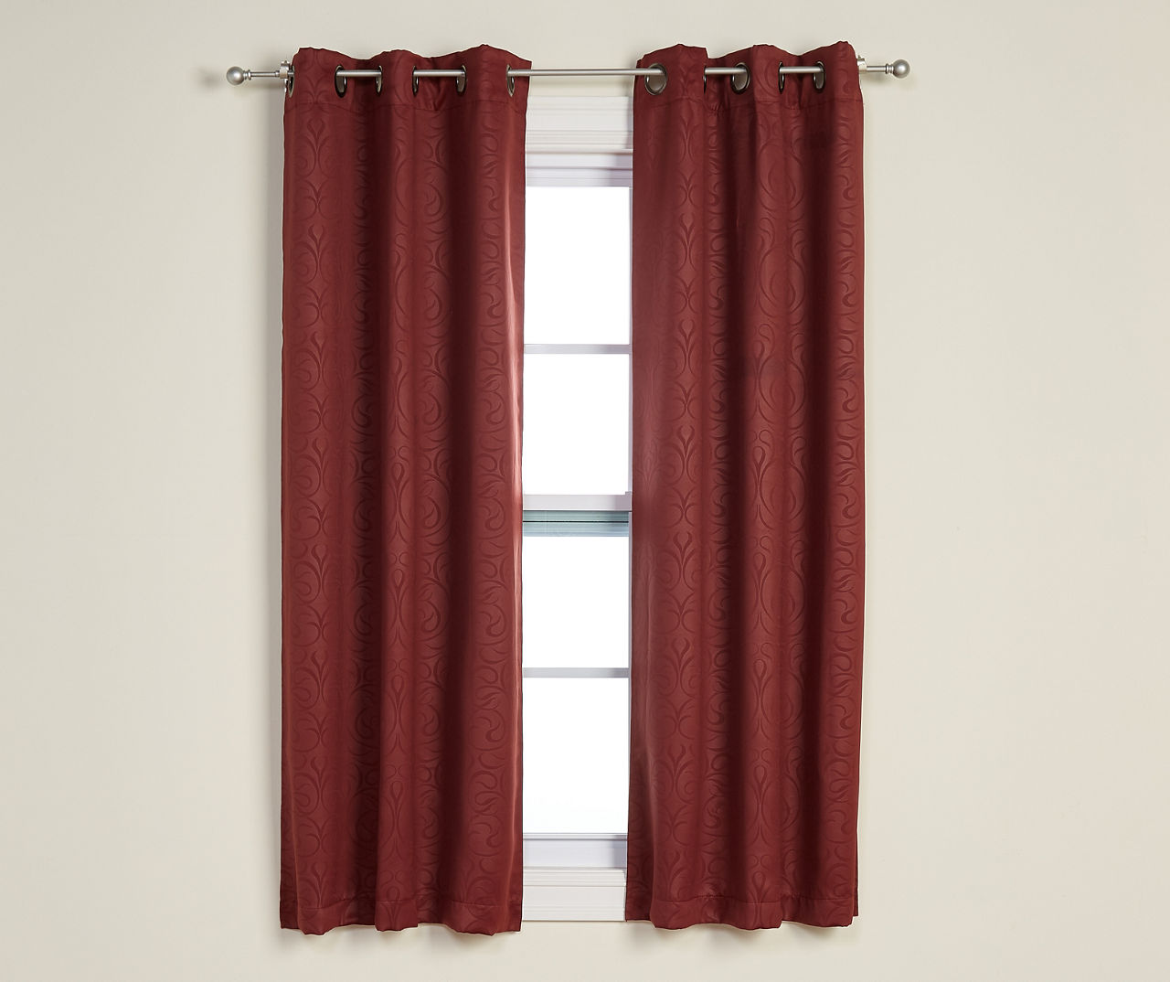 Cranberry Scroll Grommet Blackout Curtain Panel Pair, (63")