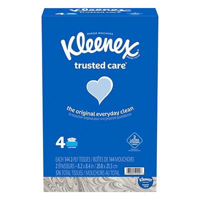 Kleenex Trusted Care Facial Tissues, 4 Flat Boxes, 144 Tissues per Box (576 Total Tissues)