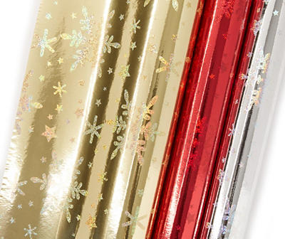 Red, Silver & Gold Snowflake Prismatic Wrapping Paper Roll, (25 sq. ft.)